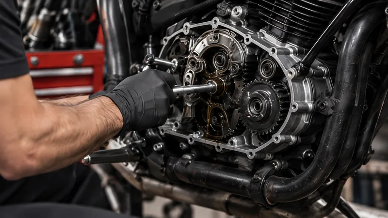 Revisión de los componentes internos del motor de una moto.