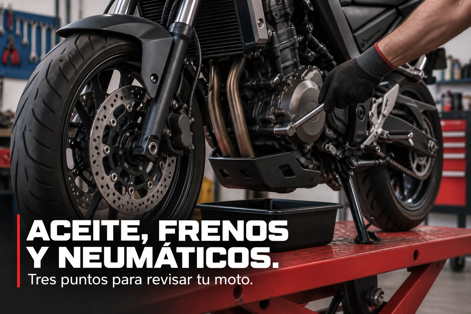 Trabajo de mantenimiento junto al motor, freno y neumático de una moto.