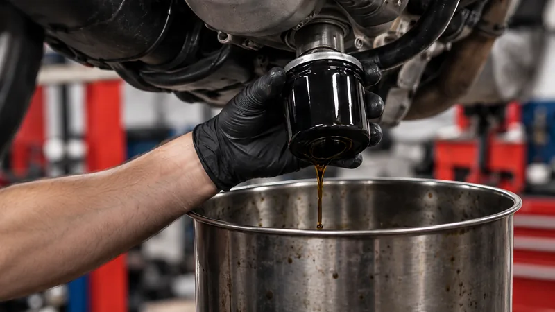 Sustitución del filtro de aceite de una moto.