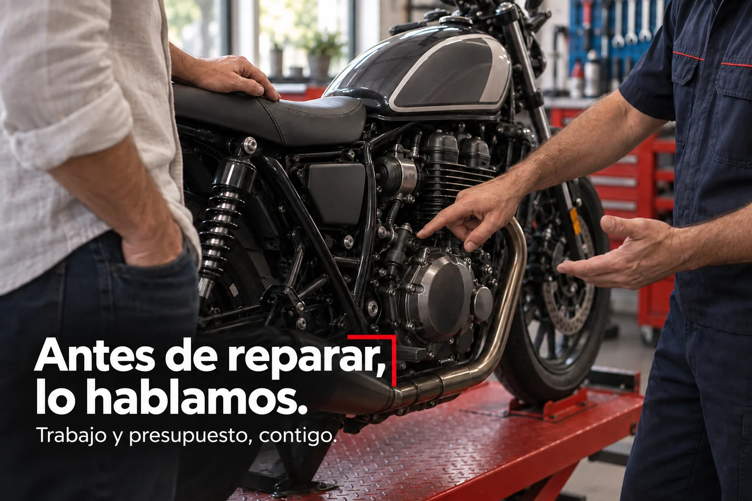 Explicación al cliente del trabajo junto al motor de su moto.
