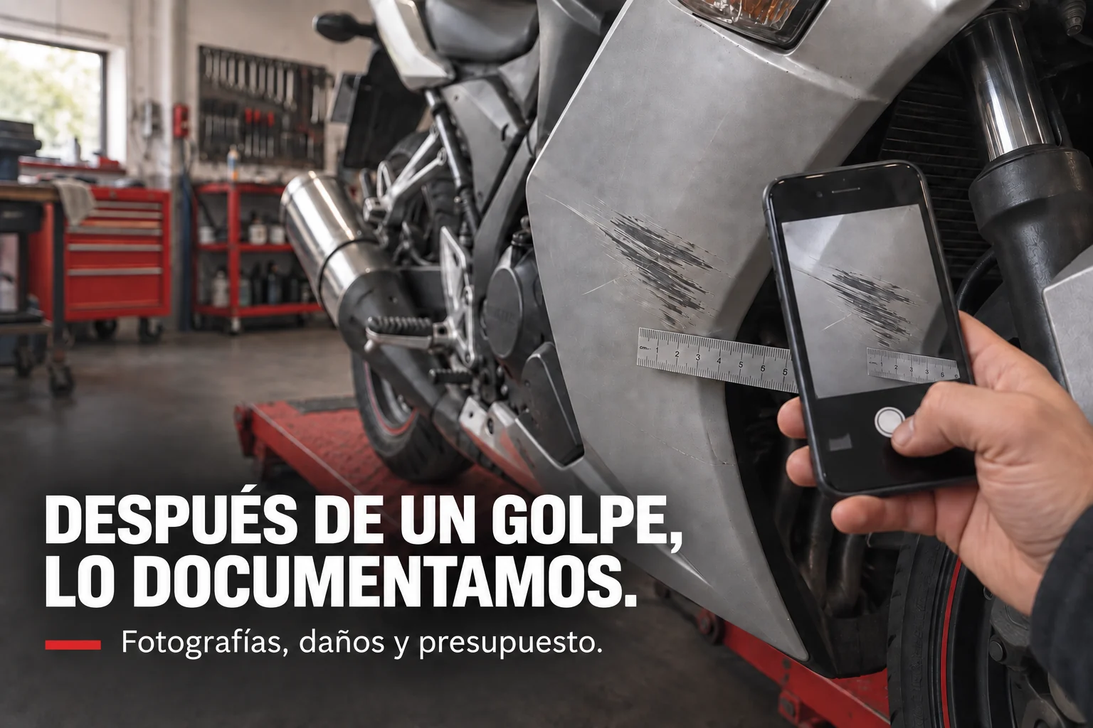 Fotografía de daños en el carenado de una moto para su peritación.