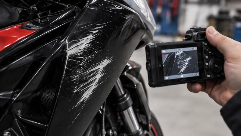 Fotografía de daños en el carenado de una moto.